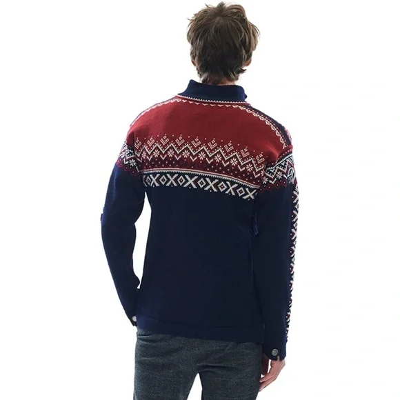 Dale of Norway 140th Anniversary Masc Wool Half Zip Sweater in Navy Red Rose
